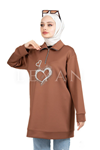 Kalp Baskılı Scuba Kumaş Tunik- LYN01849 Kahve